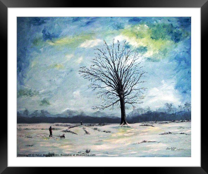 'Winter'. Oil painting of Essex countryside in winter by Peter Bolton Framed Mounted Print by Peter Bolton