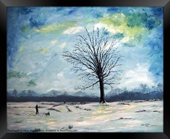 'Winter'. Oil painting of Essex countryside in winter by Peter Bolton Framed Print by Peter Bolton