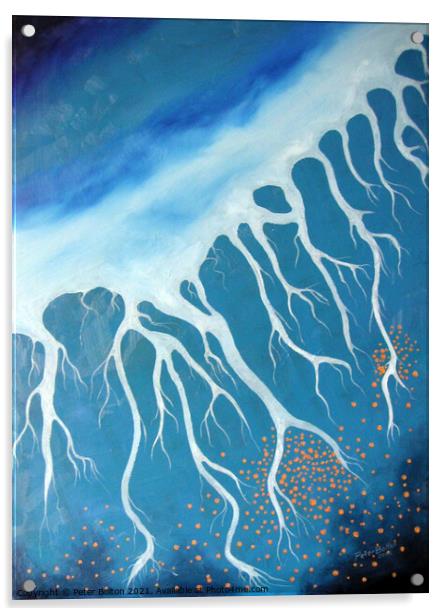 Abstact painting, aerial view of Indian river delta by Peter Bolton, 2006. Acrylic by Peter Bolton