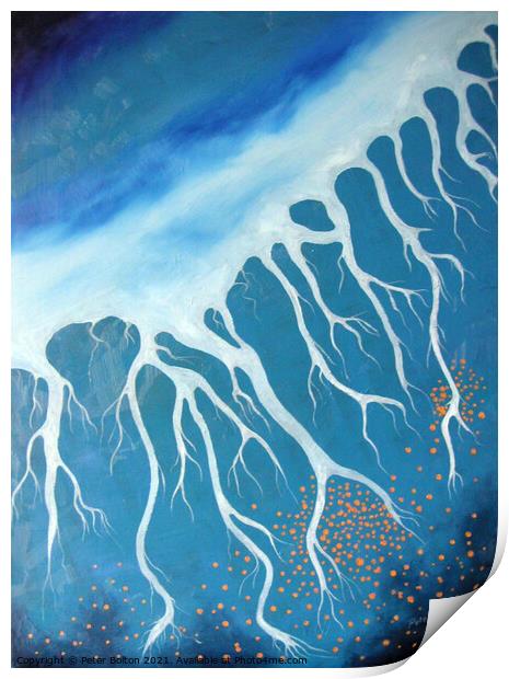 Abstact painting, aerial view of Indian river delta by Peter Bolton, 2006. Print by Peter Bolton