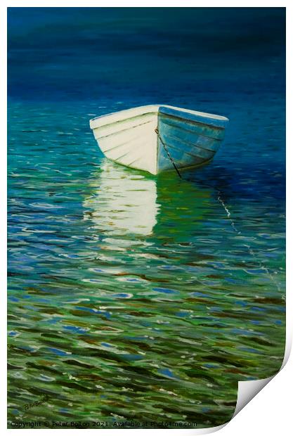 'The White Boat'. Painting in oils by Peter Bolton 2004. Print by Peter Bolton