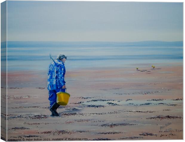 Painting of a bait digger at Southend on Sea by Peter Bolton 2006 Canvas Print by Peter Bolton