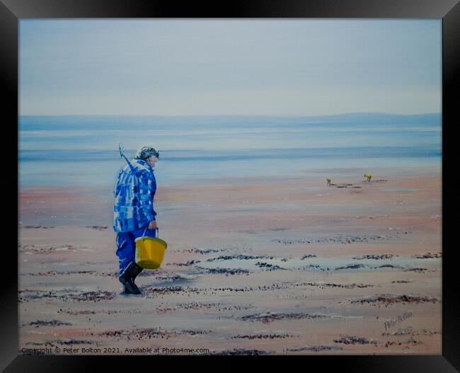 Painting of a bait digger at Southend on Sea by Peter Bolton 2006 Framed Print by Peter Bolton