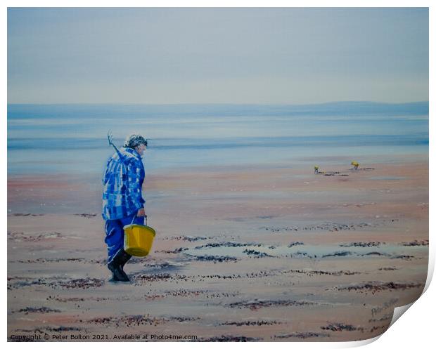 Painting of a bait digger at Southend on Sea by Peter Bolton 2006 Print by Peter Bolton
