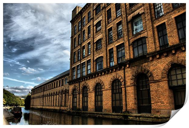 part of  salts mill over  leeds liverpool canal Print by simon sugden