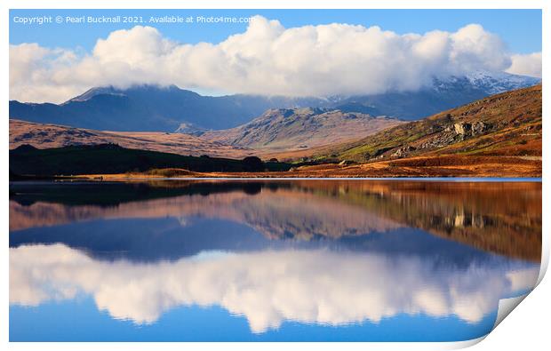 Cloudy Snowdon Panorama Reflections Snowdonia Print by Pearl Bucknall