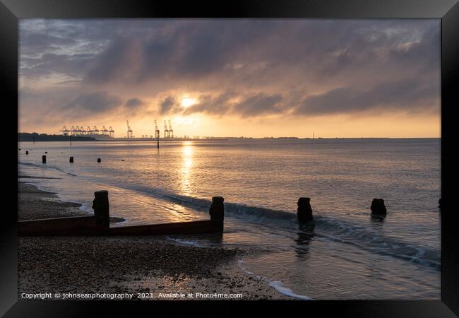 Harwich Docks at sunrise from Dovercourt Beach       1323 Framed Print by johnseanphotography 