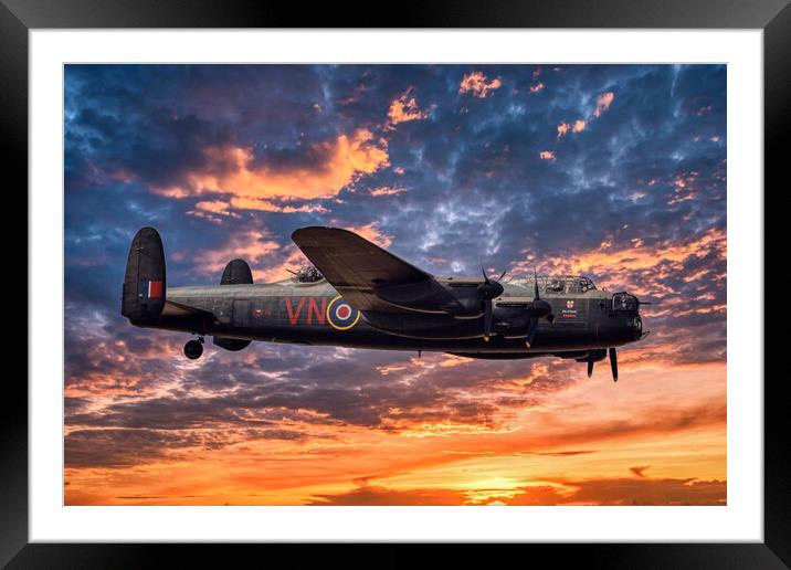 Avro Lancaster Bomber at Sunset Framed Mounted Print by Derek Beattie