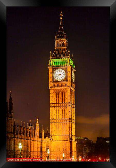 Big Ben Tower Nght Houses Parliament Westminster London England Framed Print by William Perry