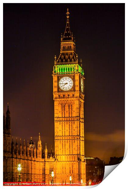 Big Ben Tower Nght Houses Parliament Westminster London England Print by William Perry