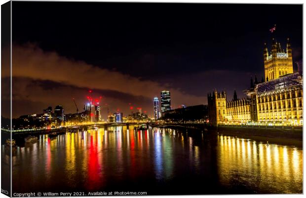 Houses Parliament Thames River Westminster Bridge Night London E Canvas Print by William Perry