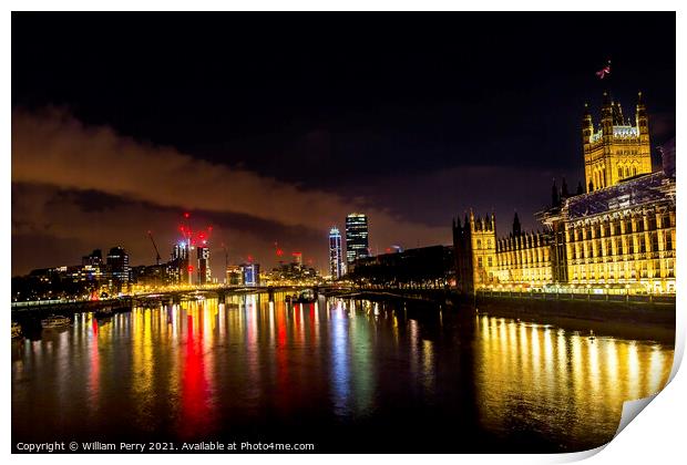 Houses Parliament Thames River Westminster Bridge Night London E Print by William Perry