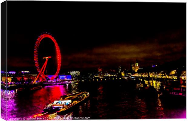 Big Eye Ferris Wheel Thames River Night London England Canvas Print by William Perry