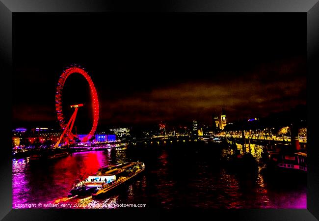 Big Eye Ferris Wheel Thames River Night London England Framed Print by William Perry