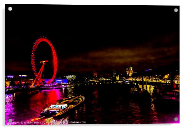 Big Eye Ferris Wheel Thames River Night London England Acrylic by William Perry