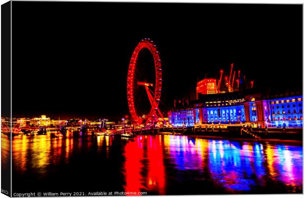 Big Eye Ferris Wheel Thames River Night Westminster Bridge Londo Canvas Print by William Perry