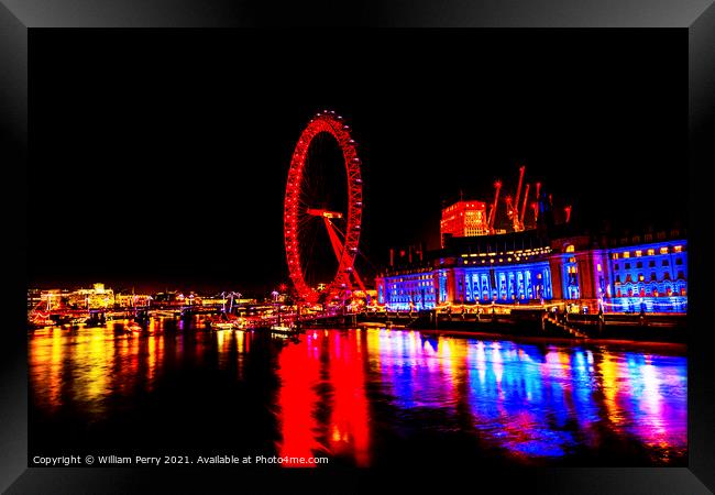 Big Eye Ferris Wheel Thames River Night Westminster Bridge Londo Framed Print by William Perry