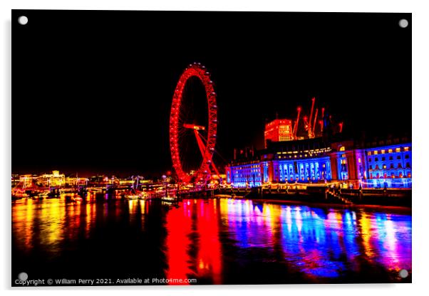 Big Eye Ferris Wheel Thames River Night Westminster Bridge Londo Acrylic by William Perry