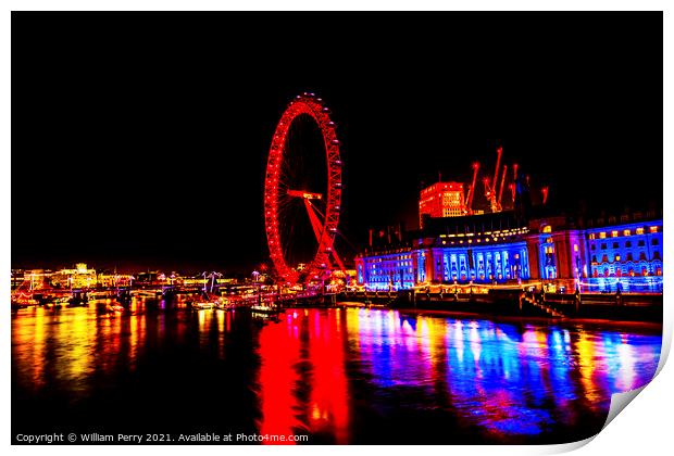 Big Eye Ferris Wheel Thames River Night Westminster Bridge Londo Print by William Perry