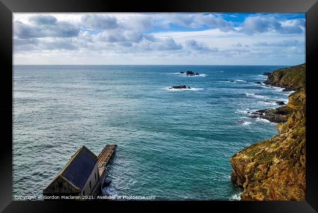 Looking out to sea over the old lifeboat station, Lizard, Cornwall Framed Print by Gordon Maclaren
