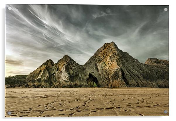Jagged and dramatic Three Cliffs Bay Acrylic by Leighton Collins