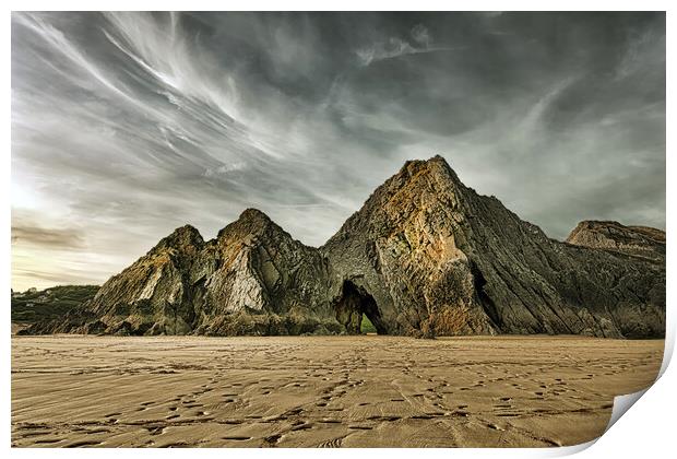 Jagged and dramatic Three Cliffs Bay Print by Leighton Collins