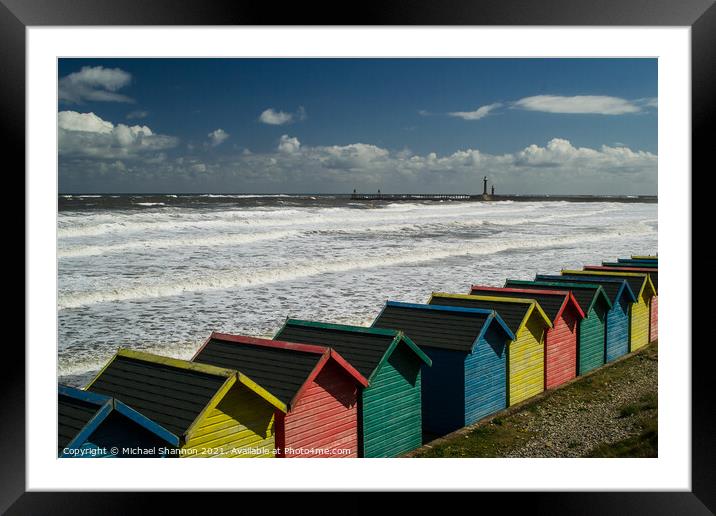 Whitby, Beach Huts Framed Mounted Print by Michael Shannon