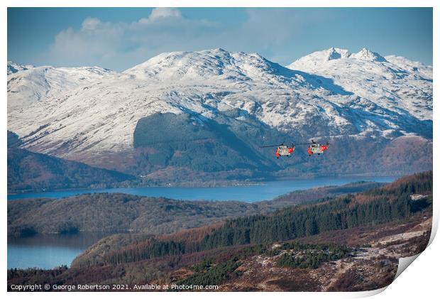 Two Sea Kings flying low over Loch Lomond Print by George Robertson