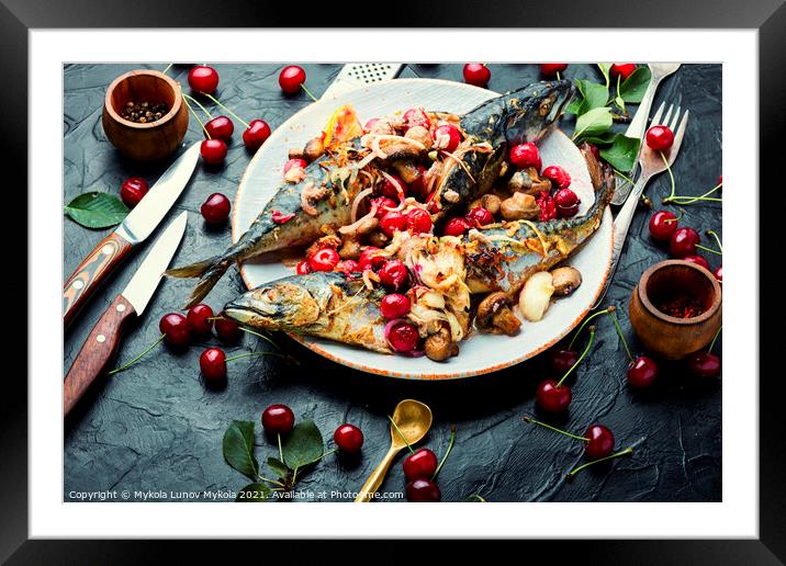 Baked mackerel stuffed with cherries Framed Mounted Print by Mykola Lunov Mykola