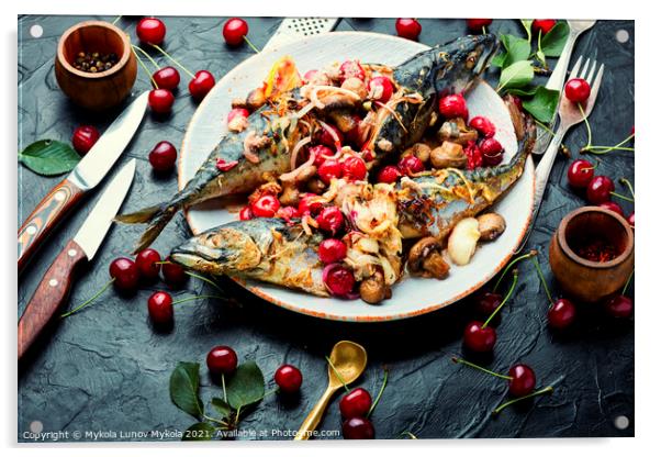 Baked mackerel stuffed with cherries Acrylic by Mykola Lunov Mykola