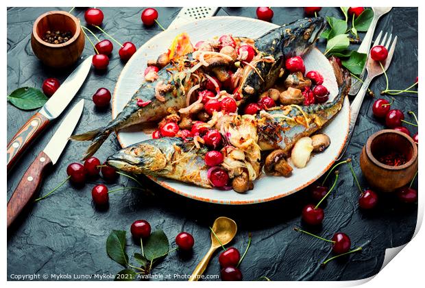 Baked mackerel stuffed with cherries Print by Mykola Lunov Mykola