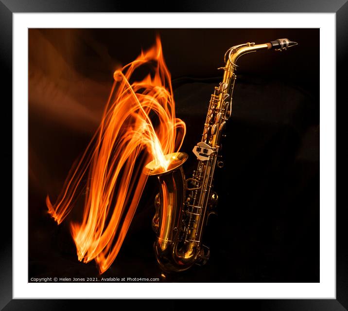 Saxophone on fire Framed Mounted Print by Helen Jones