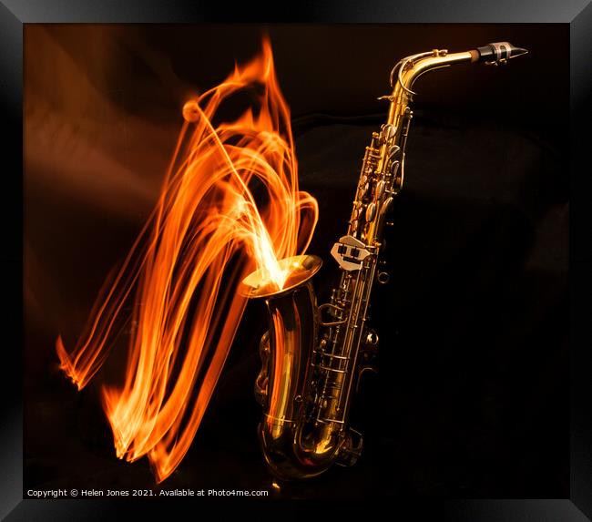 Saxophone on fire Framed Print by Helen Jones