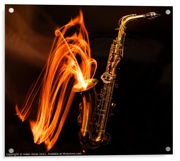Saxophone on fire Acrylic by Helen Jones