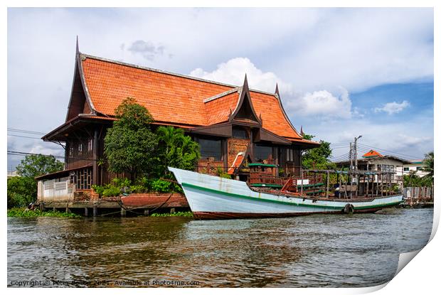 A large house on the banks of Chao Phraya, Bangkok, Thailand. Print by Peter Bolton