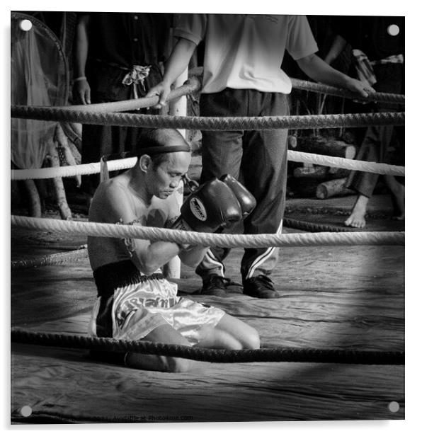 Muay Thai  boxer meditates before a bout. Bangkok, Thailand. Acrylic by Peter Bolton