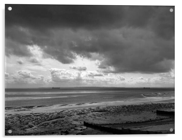 Black and white seascape across Thames Estuary from Thorpe Bay, Essex, UK. Acrylic by Peter Bolton