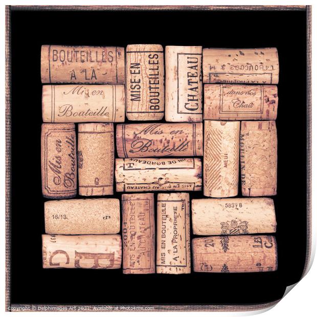 Collection of wine corks in a black frame Print by Delphimages Art