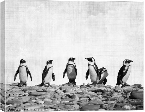 Row of Penguins. Funny animals, black and white Canvas Print by Delphimages Art