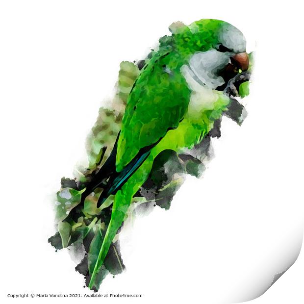 Watercolor green parrot Print by Maria Vonotna