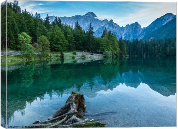 Panoramic View of Lake Fusine with Julian Alps in  Canvas Print by Maggie Bajada