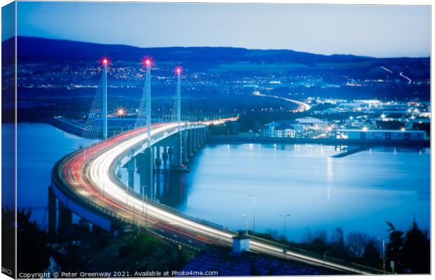 Light Trails Over Kessock Bridge In Inverness After Dark Canvas Print by Peter Greenway