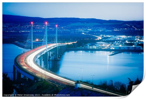 Light Trails Over Kessock Bridge In Inverness After Dark Print by Peter Greenway