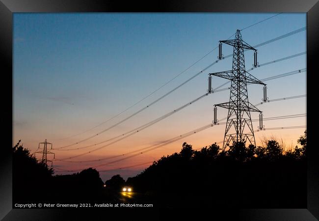 British Electricity Power Pylons At Sunset Framed Print by Peter Greenway