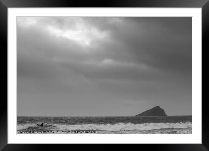 Individual surfer in Wembury Bay with the Great Mew Stone Framed Mounted Print by Peter Barber
