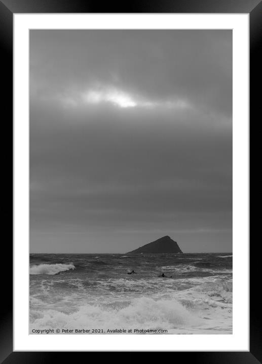 Surfers in Wembury Bay with Great Mew Stone Framed Mounted Print by Peter Barber