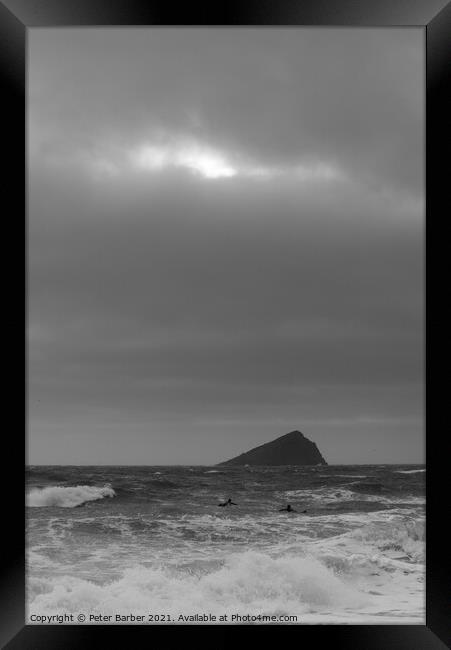 Surfers in Wembury Bay with Great Mew Stone Framed Print by Peter Barber