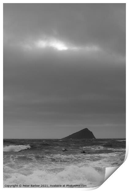 Surfers in Wembury Bay with Great Mew Stone Print by Peter Barber