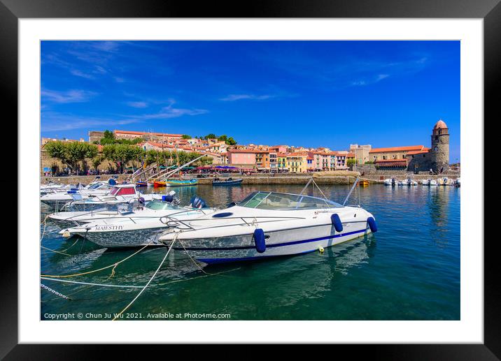Boats at the harbor in the old town of Collioure, a seaside resort in Southern France Framed Mounted Print by Chun Ju Wu