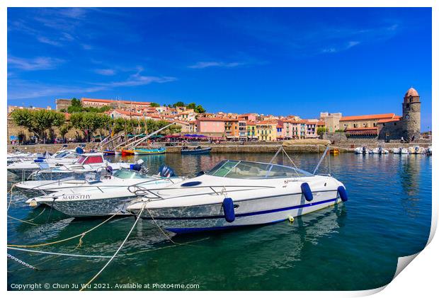Boats at the harbor in the old town of Collioure, a seaside resort in Southern France Print by Chun Ju Wu